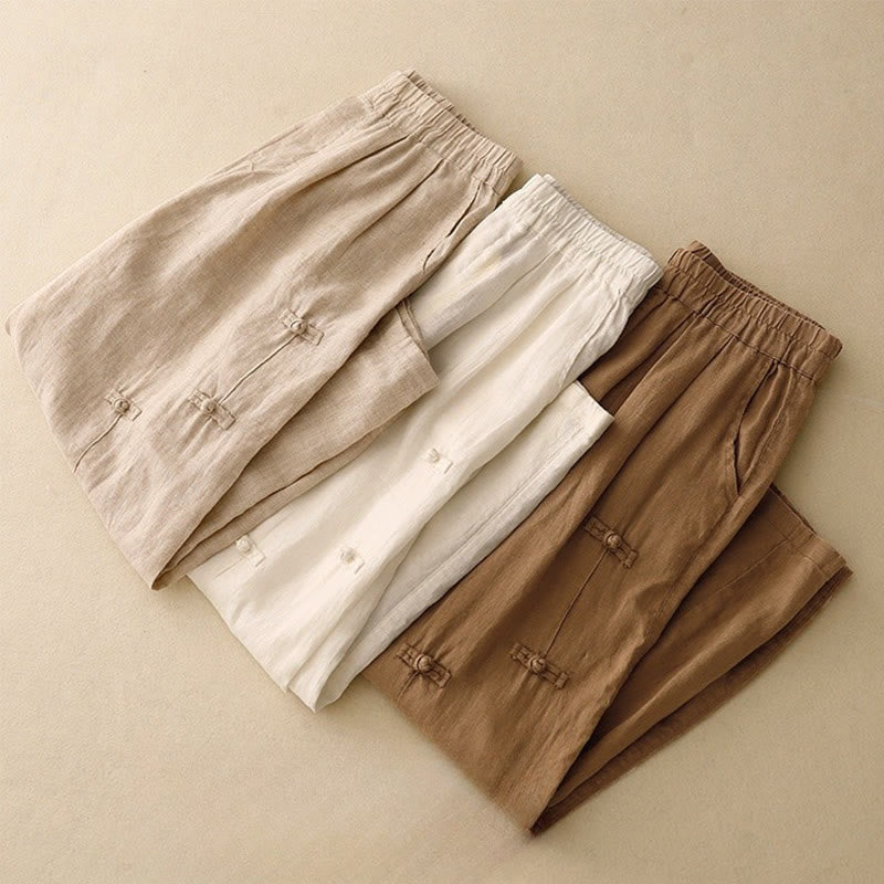 Pantalones harén de lino y algodón para mujer, informales, con diseño de botones de rana, de Buddha Stones, de largo 7-8 y bolsillos - image 18