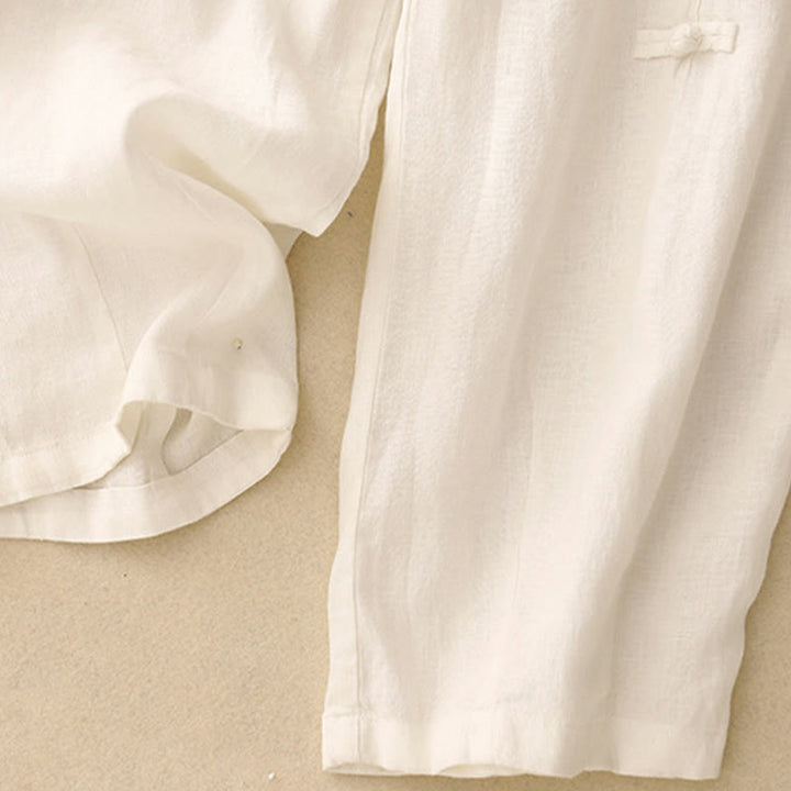 Pantalones harén de lino y algodón para mujer, informales, con diseño de botones de rana, de Buddha Stones, de largo 7-8 y bolsillos - image 6