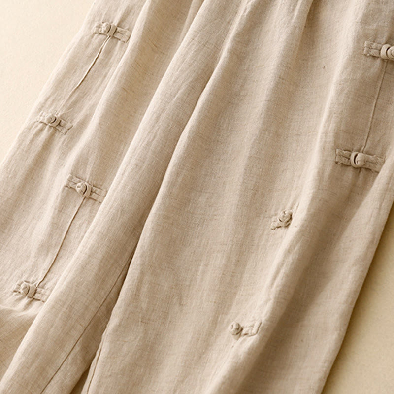 Pantalones harén de lino y algodón para mujer, informales, con diseño de botones de rana, de Buddha Stones, de largo 7-8 y bolsillos - image 11