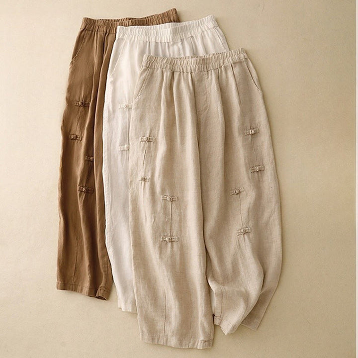 Pantalones harén de lino y algodón para mujer, informales, con diseño de botones de rana, de Buddha Stones, de largo 7-8 y bolsillos - image 17