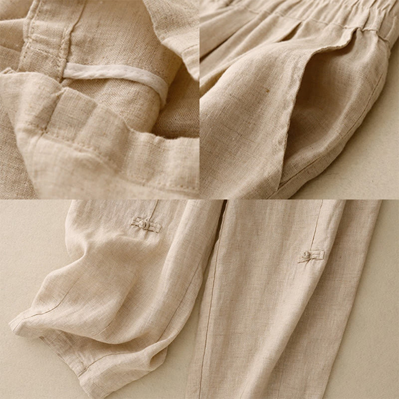 Pantalones harén de lino y algodón para mujer, informales, con diseño de botones de rana, de Buddha Stones, de largo 7-8 y bolsillos - image 15