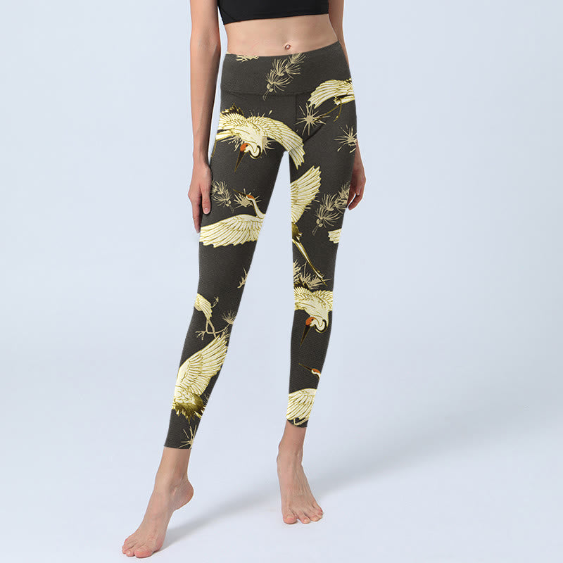 Leggings de yoga para mujer con estampado de ramas de grulla de corona roja y agujas de pino, Buddha Stones - image 6