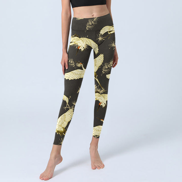 Leggings de yoga para mujer con estampado de ramas de grulla de corona roja y agujas de pino, Buddha Stones - image 5