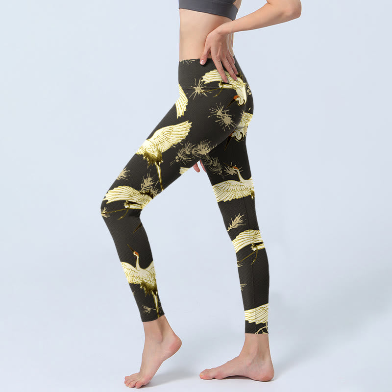 Leggings de yoga para mujer con estampado de ramas de grulla de corona roja y agujas de pino, Buddha Stones - image 3