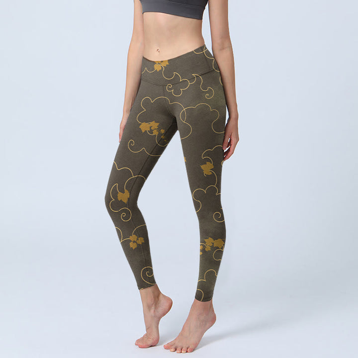 Leggings de yoga para mujer con estampado de hojas de arce y nubes auspiciosas con Buddha Stones - SaddleBrown - US18，UK/AU22，EU50 (4XL) - image 1