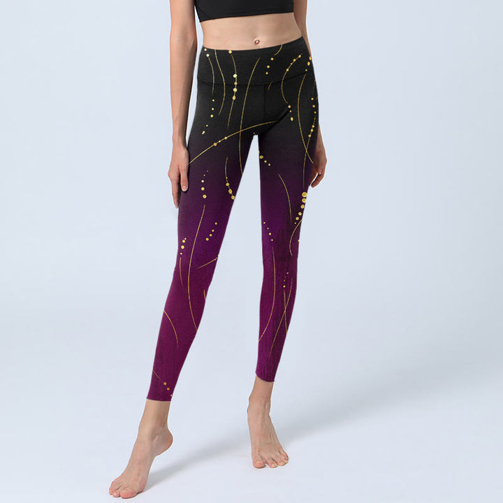Leggings de yoga para mujer con estampado de líneas doradas finas y largas con degradado abstracto de Buddha Stones - image 6