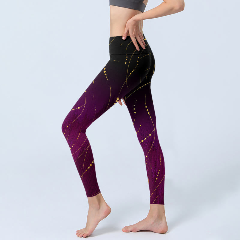 Leggings de yoga para mujer con estampado de líneas doradas finas y largas con degradado abstracto de Buddha Stones - image 3
