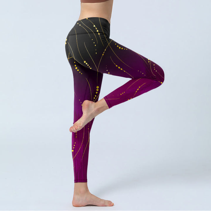 Leggings de yoga para mujer con estampado de líneas doradas finas y largas con degradado abstracto de Buddha Stones - image 4