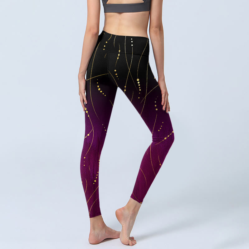 Leggings de yoga para mujer con estampado de líneas doradas finas y largas con degradado abstracto de Buddha Stones - image 3