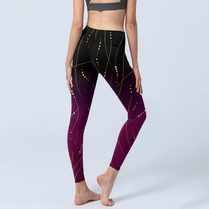 Leggings de yoga para mujer con estampado de líneas doradas finas y largas con degradado abstracto de Buddha Stones - image 3