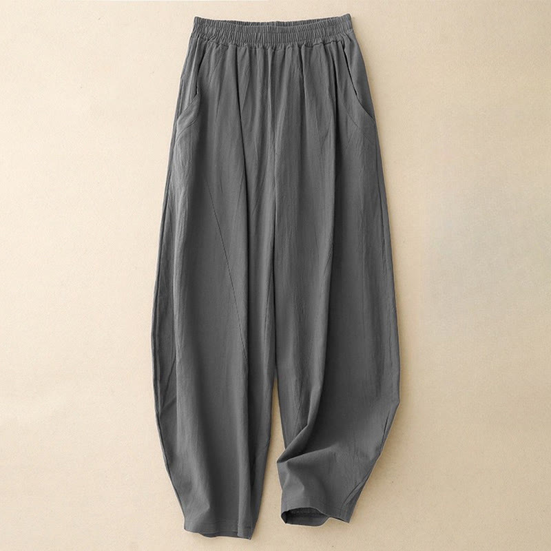 Pantalones de lino y algodón con cintura elástica para mujer, estilo diario, Buddha Stones, con bolsillos - Gris pizarra - US8-10，UK/AU12-14，EU40-42 (2XL) - image 3