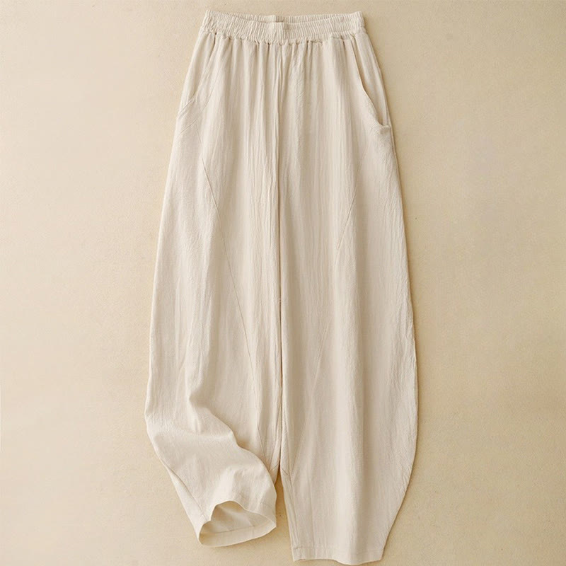 Pantalones de lino y algodón con cintura elástica para mujer, estilo diario, Buddha Stones, con bolsillos - image 9