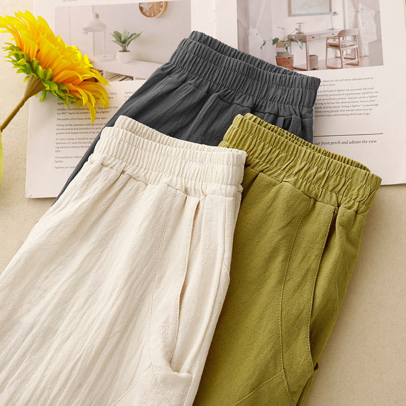 Pantalones de lino y algodón con cintura elástica para mujer, estilo diario, Buddha Stones, con bolsillos - image 16