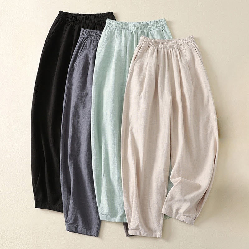 Pantalones de lino y algodón con cintura elástica, versátiles, informales, de color liso, para mujer, con bolsillos , de Buddha Stones - image 19