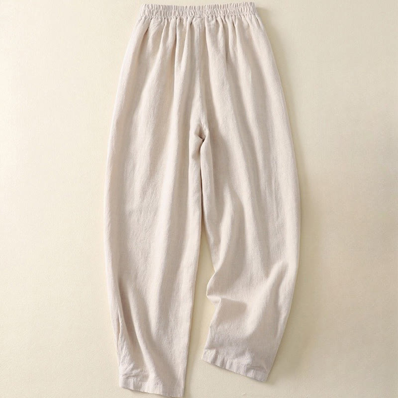 Pantalones de lino y algodón con cintura elástica, versátiles, informales, de color liso, para mujer, con bolsillos , de Buddha Stones - image 1