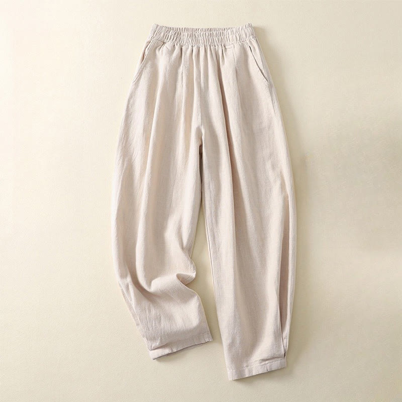 Pantalones de lino y algodón con cintura elástica de color liso para mujer con bolsillos de Buddha Stones Commute - Beige - US8-10，UK/AU12-14，EU40-42 (2XL) - image 0