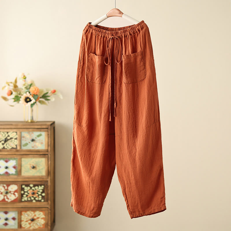 Pantalones anchos de Buddha Stones y algodón para mujer, informales, con diseño de arrugas y cordón ajustable, de 9 pulgadas de largo, con bolsillos - Naranja oscuro - US8-10，UK/AU12-14，EU40-42 (2XL) - image 0