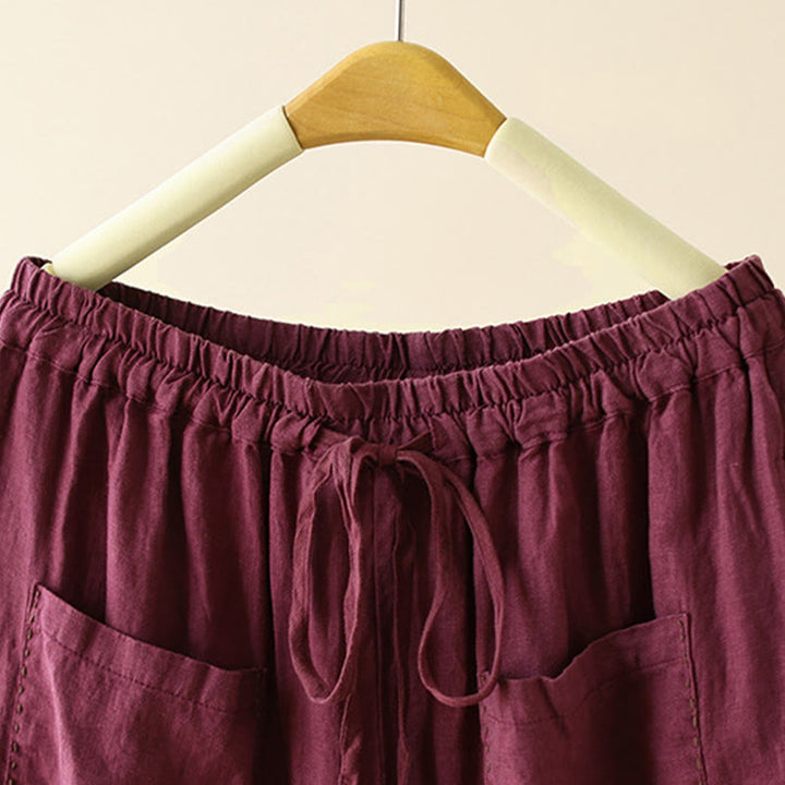 Pantalones anchos de Buddha Stones y algodón para mujer, informales, con diseño de arrugas y cordón ajustable, de 9 pulgadas de largo, con bolsillos - image 14