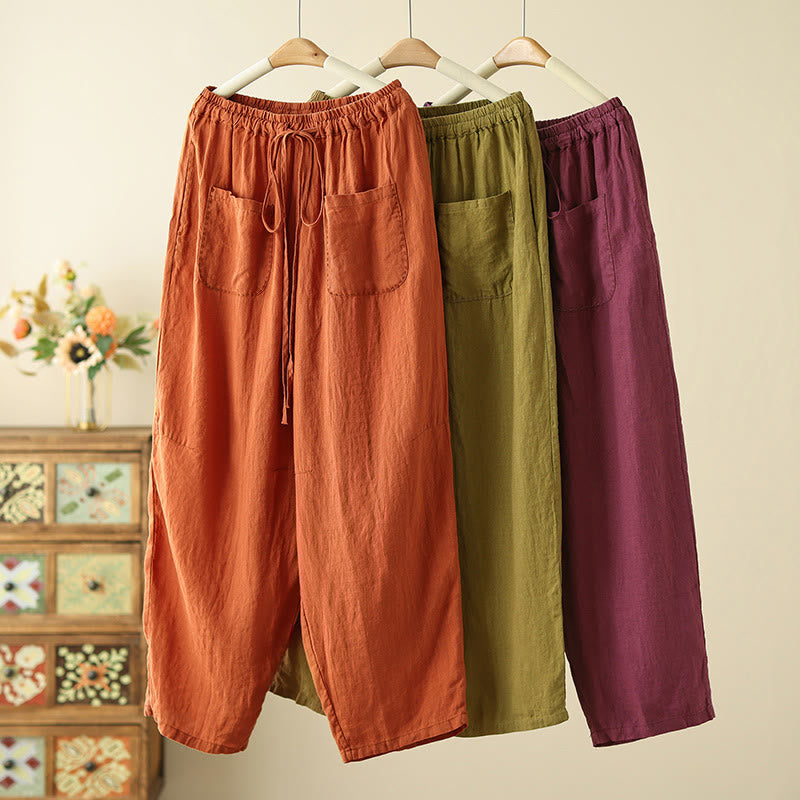 Pantalones anchos de Buddha Stones y algodón para mujer, informales, con diseño de arrugas y cordón ajustable, de 9 pulgadas de largo, con bolsillos - image 21