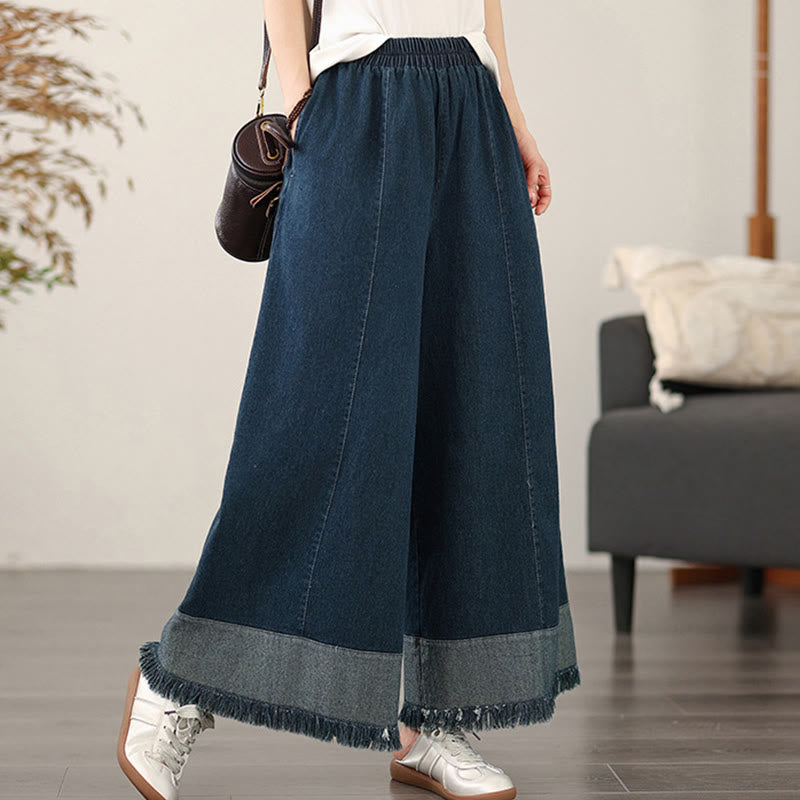 Pantalones anchos de mujer con diseño de borlas desgastadas vintage de Buddha Stones Spring con bolsillos - Azul medianoche - US8-10，UK/AU12-14，EU40-42 (2XL) - image 0