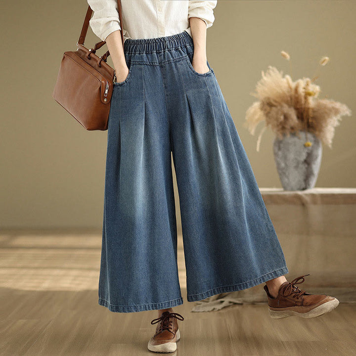 Pantalones anchos de cintura alta para mujer con diseño desgastado vintage de Buddha Stones Fall y bolsillos - image 2
