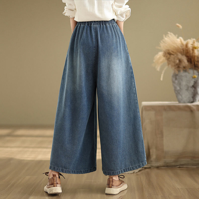 Pantalones anchos de cintura alta para mujer con diseño desgastado vintage de Buddha Stones Fall y bolsillos - image 1