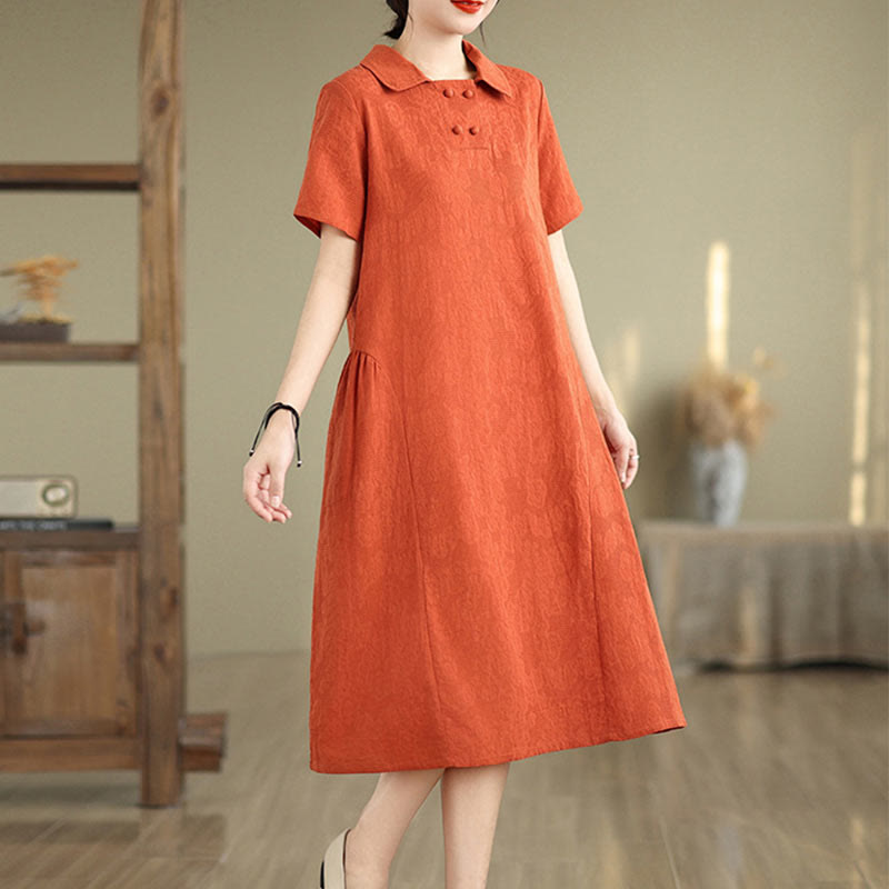 Vestido midi de lino y algodón de manga corta con diseño jacquard liso y bolsillos con Buddha Stones - image 1