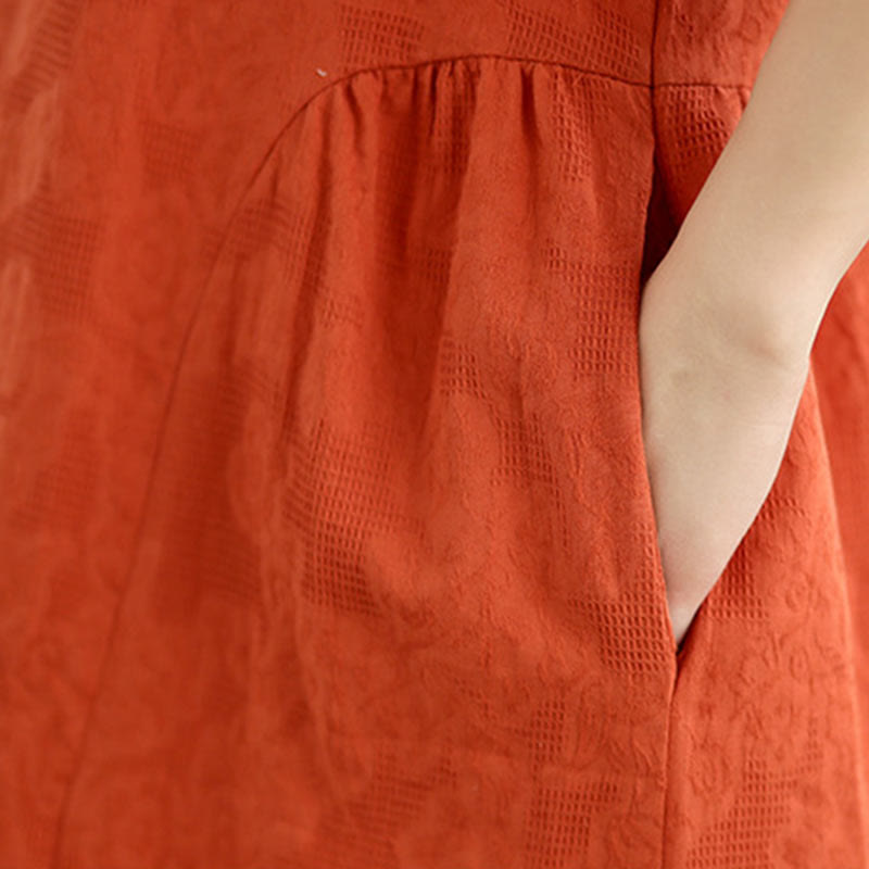 Vestido midi de lino y algodón de manga corta con diseño jacquard liso y bolsillos con Buddha Stones - image 9