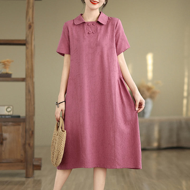 Vestido midi de lino y algodón de manga corta con diseño jacquard liso y bolsillos con Buddha Stones