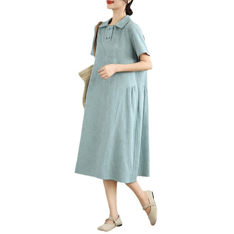 Vestido midi de lino y algodón de manga corta con diseño jacquard liso y bolsillos con Buddha Stones - image 21