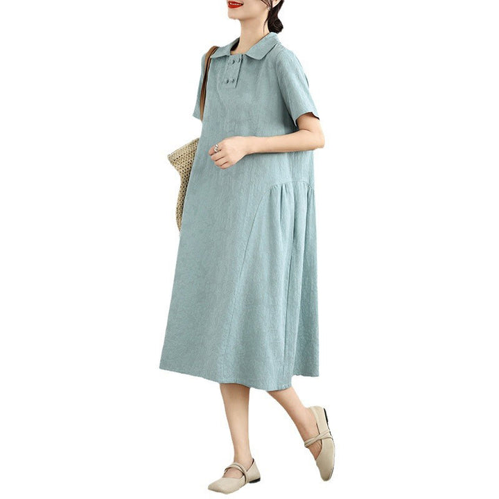 Vestido midi de lino y algodón de manga corta con diseño jacquard liso y bolsillos con Buddha Stones - image 21