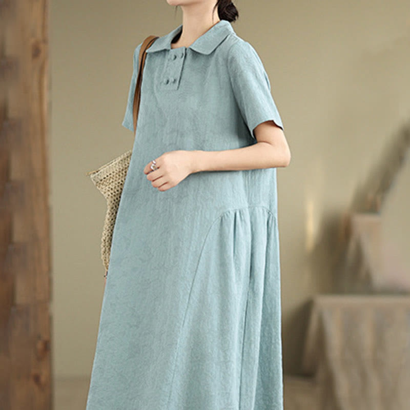 Vestido midi de lino y algodón de manga corta con diseño jacquard liso y bolsillos con Buddha Stones - Turquesa - US8-10，UK/AU12-14，EU40-42 (2XL) - image 15