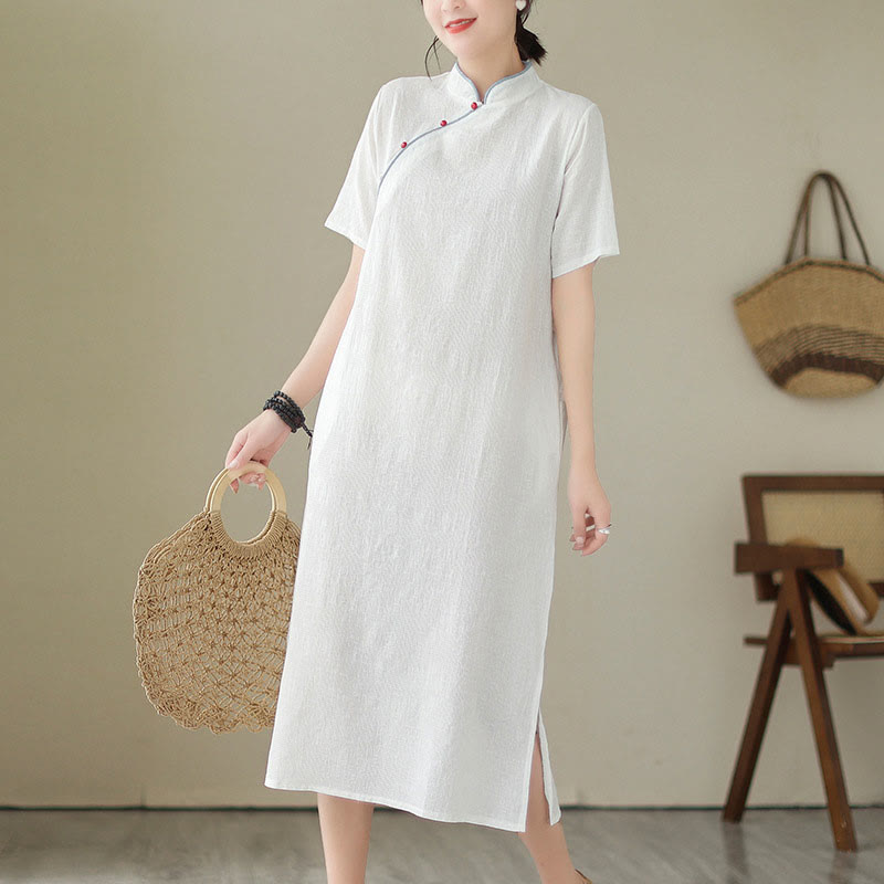 Vestido cheongsam qipao chino de manga corta con bolsillos y estampado de Buddha Stones en color puro - Blanco - US8-10，UK/AU12-14，EU40-42 (2XL) - image 0