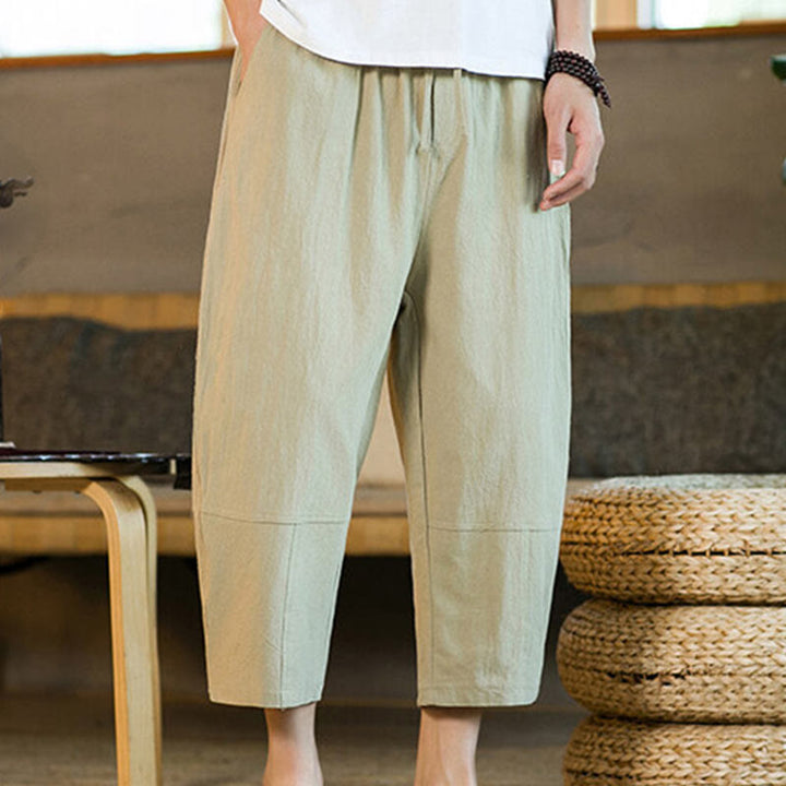Pantalones harén de lino y algodón con cordón, diseño simple de Buddha Stones, para hombre, de color liso, con bolsillos - vara de oro pálida - US/UK/AU46, EU56 (5XL) - image 0