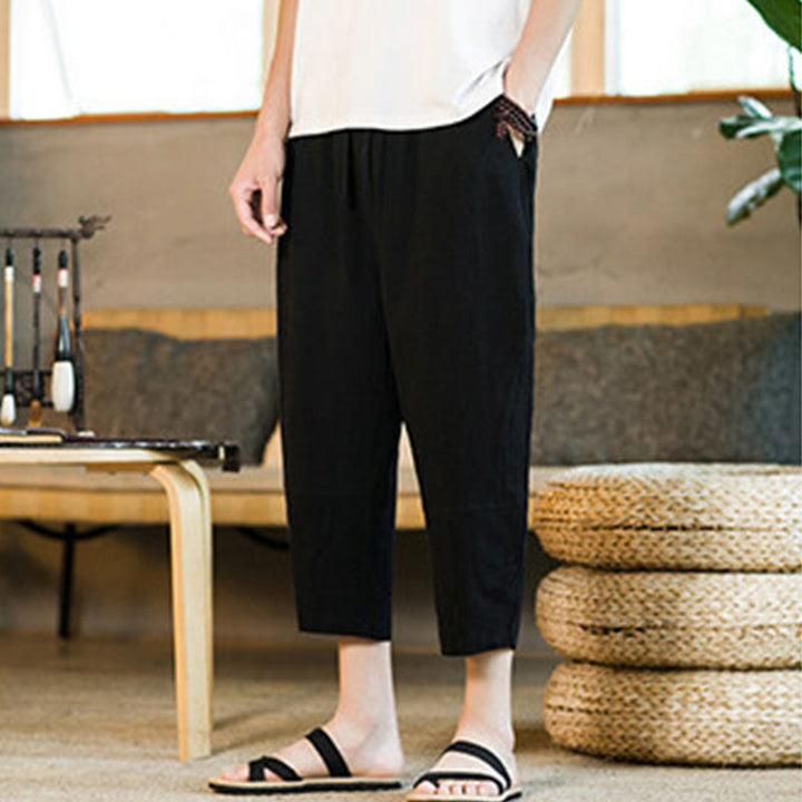 Pantalones harén de lino y algodón con cordón, diseño simple de Buddha Stones, para hombre, de color liso, con bolsillos - image 10