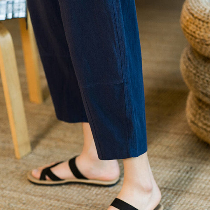 Pantalones harén de lino y algodón con cordón, diseño simple de Buddha Stones, para hombre, de color liso, con bolsillos - image 39
