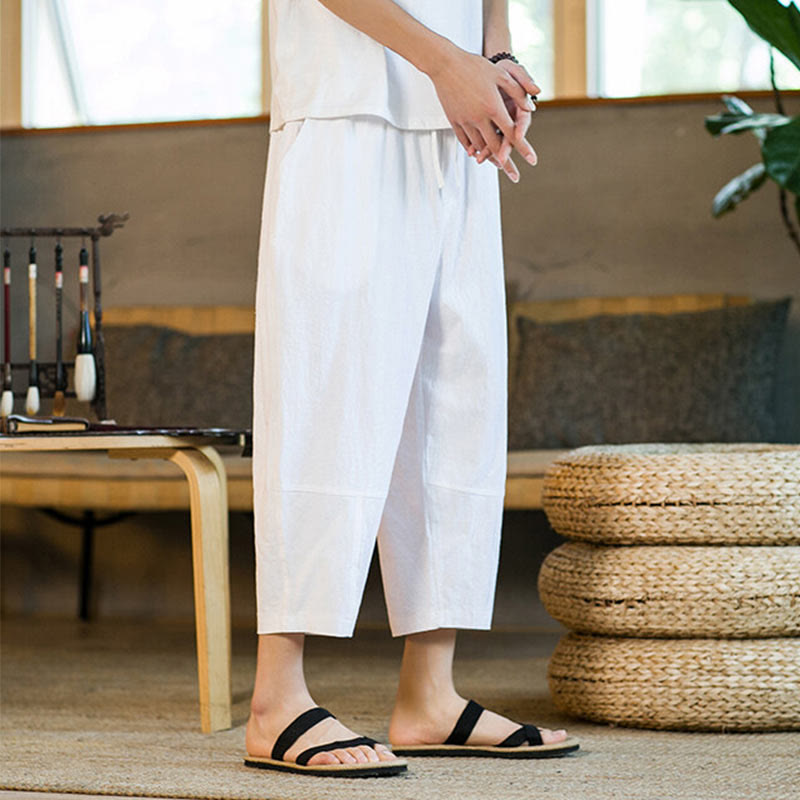 Pantalones harén de lino y algodón con cordón, diseño simple de Buddha Stones, para hombre, de color liso, con bolsillos - image 25