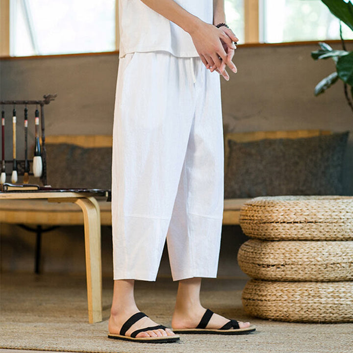 Pantalones harén de lino y algodón con cordón, diseño simple de Buddha Stones, para hombre, de color liso, con bolsillos - image 25