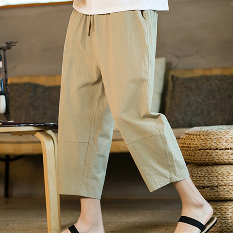Pantalones harén de lino y algodón con cordón, diseño simple de Buddha Stones, para hombre, de color liso, con bolsillos - image 6