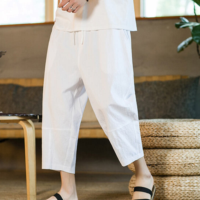 Pantalones harén de lino y algodón con cordón, diseño simple de Buddha Stones, para hombre, de color liso, con bolsillos - image 21