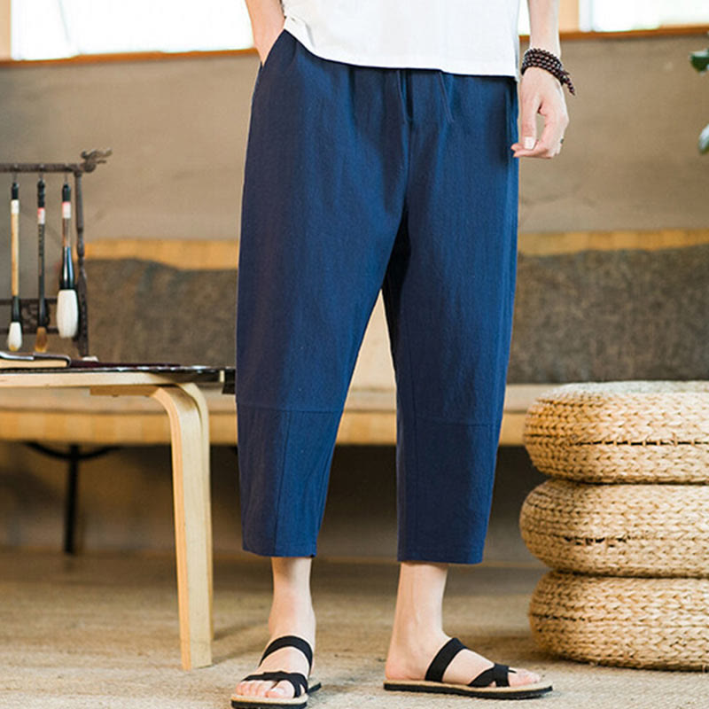 Pantalones harén de lino y algodón con cordón, diseño simple de Buddha Stones, para hombre, de color liso, con bolsillos - image 30