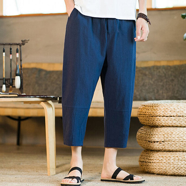 Pantalones harén de lino y algodón con cordón, diseño simple de Buddha Stones, para hombre, de color liso, con bolsillos - image 30