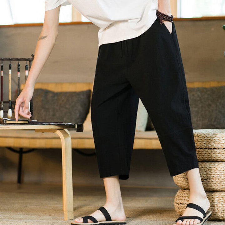 Pantalones harén de lino y algodón con cordón, diseño simple de Buddha Stones, para hombre, de color liso, con bolsillos - image 12