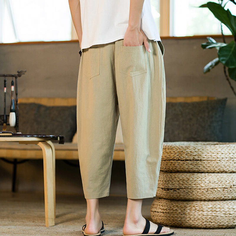 Pantalones harén de lino y algodón con cordón, diseño simple de Buddha Stones, para hombre, de color liso, con bolsillos - image 3