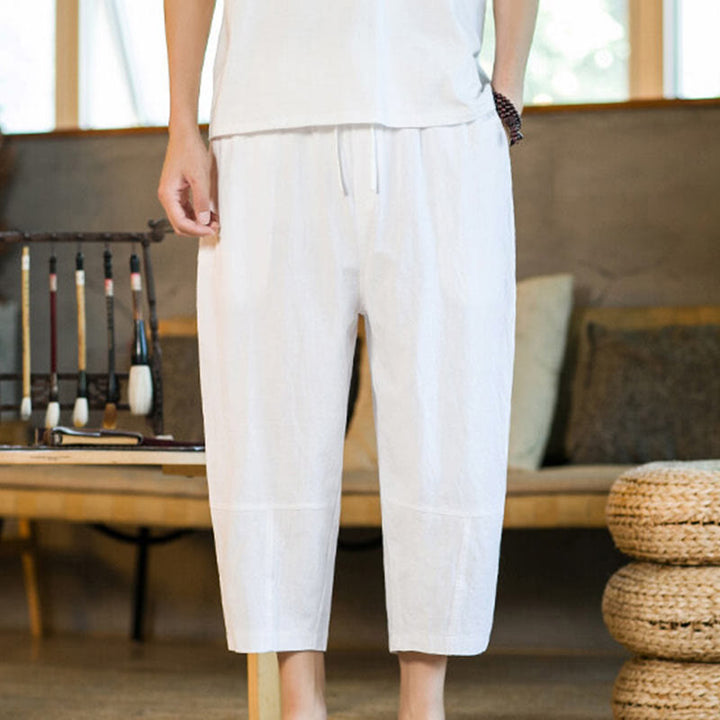 Pantalones harén de lino y algodón con cordón, diseño simple de Buddha Stones, para hombre, de color liso, con bolsillos - Blanco - US/UK/AU46, EU56 (5XL) - image 19
