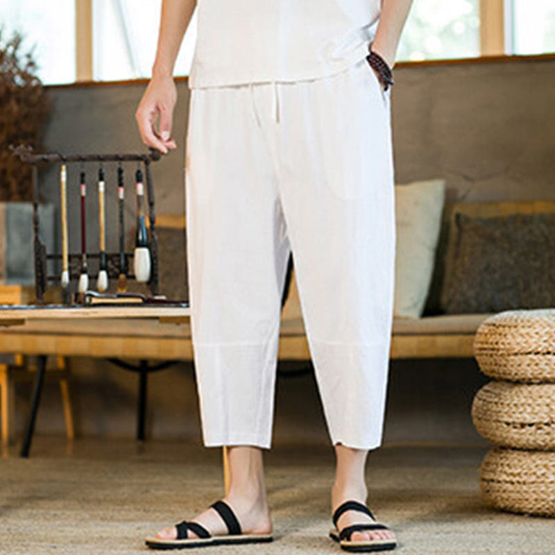 Pantalones harén de lino y algodón con cordón, diseño simple de Buddha Stones, para hombre, de color liso, con bolsillos - image 22