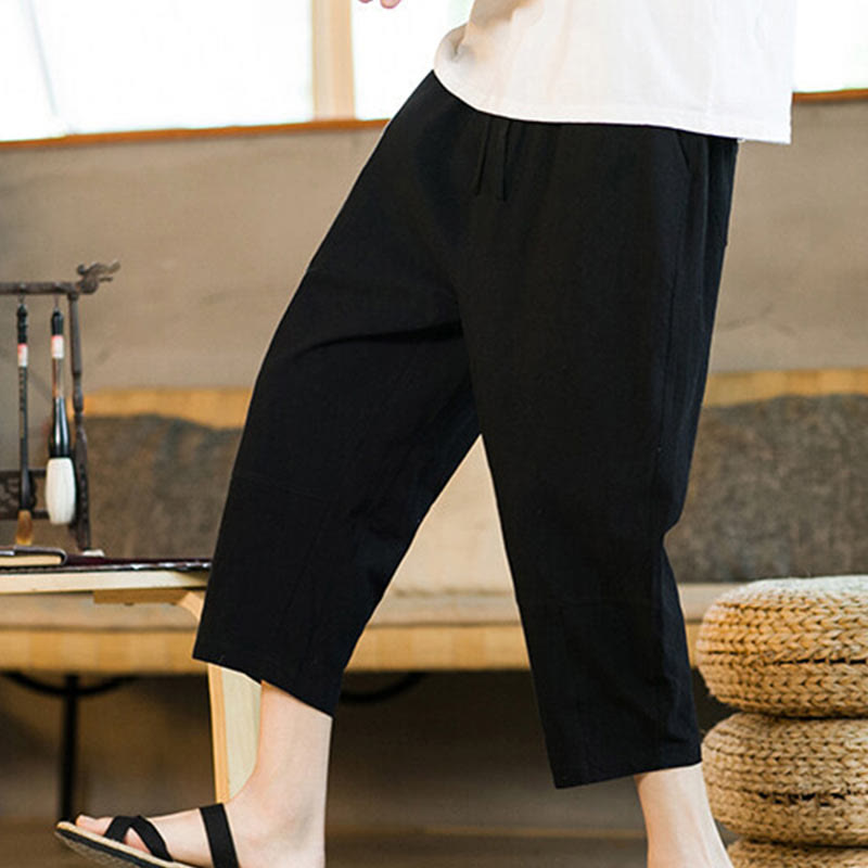 Pantalones harén de lino y algodón con cordón, diseño simple de Buddha Stones, para hombre, de color liso, con bolsillos - image 16