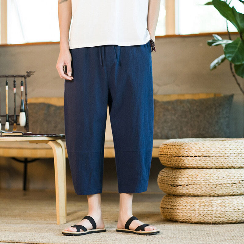 Pantalones harén de lino y algodón con cordón, diseño simple de Buddha Stones, para hombre, de color liso, con bolsillos - image 32