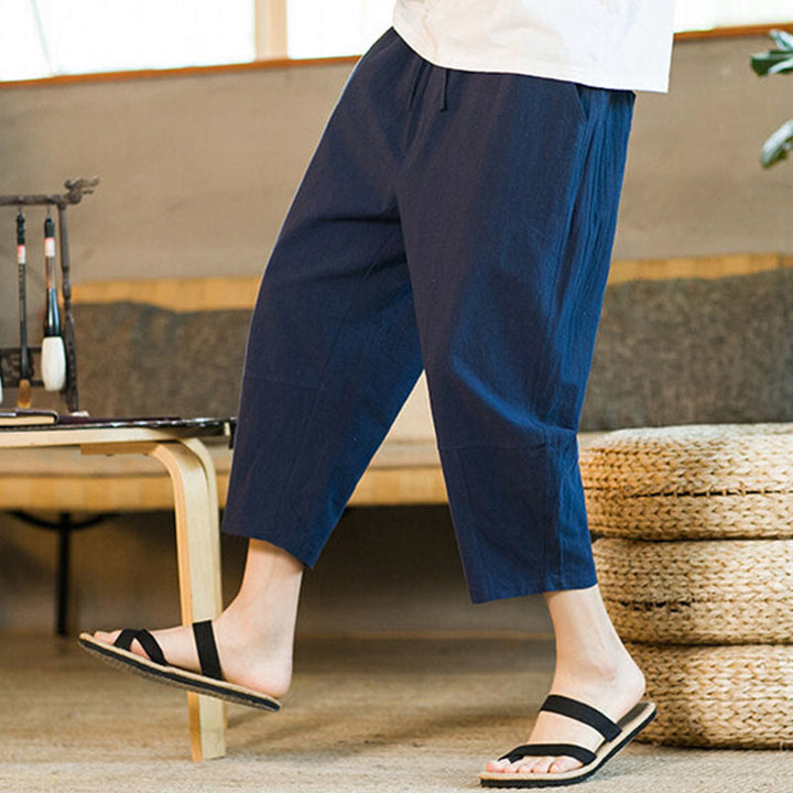 Pantalones harén de lino y algodón con cordón, diseño simple de Buddha Stones, para hombre, de color liso, con bolsillos - image 34