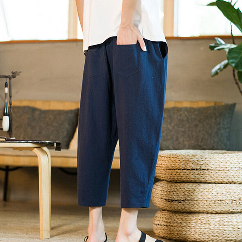 Pantalones harén de lino y algodón con cordón, diseño simple de Buddha Stones, para hombre, de color liso, con bolsillos - image 31